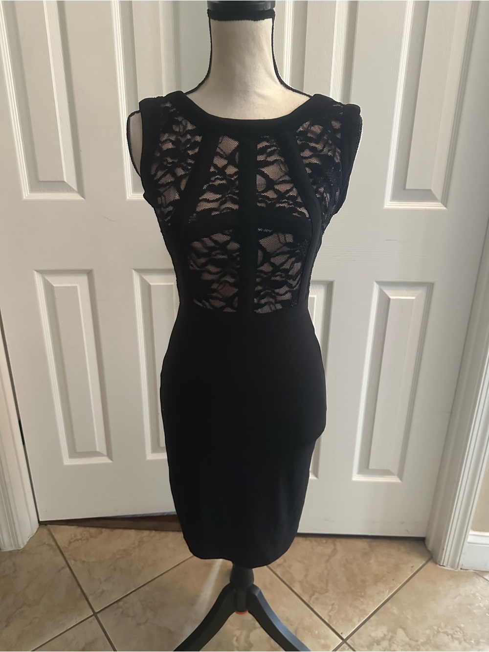 Black Lace Panel Sheath Dress with Back Zip